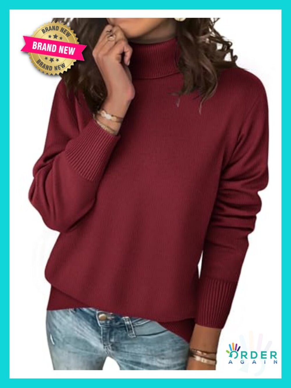 Turtleneck Sweater Long Sleeve Knit Pullover Top High Low Hem